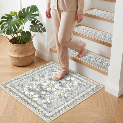 Non Slip Stair Treads for Wooden Steps 30"x30" Mat, Light Grey | Boho Printed Indoor Adhesive Edging Stair Rugs for Kids, Elders & Pets, Residue-Free Machine Washable Carpet Runner Mats