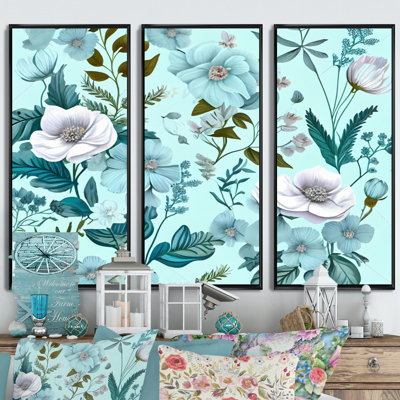 «Blossoming Pastel Wildflowers on Light Blue V», ensemble d'art mural en toile Bouquet floral