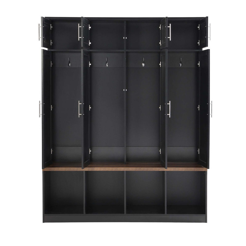 Multi-Functional Hall Tree With 4 Hidden Hanging Hooks, Brown Wood Grain Bench With Multiple Storage Space, Entryway Cabinet With Open Compartments For Living Room, Hallway