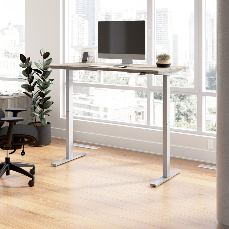 Adjustable Metal Base Standing Desk, Modern Hickory/Silver, 47.68" H x 59.45" W x 29.37" D