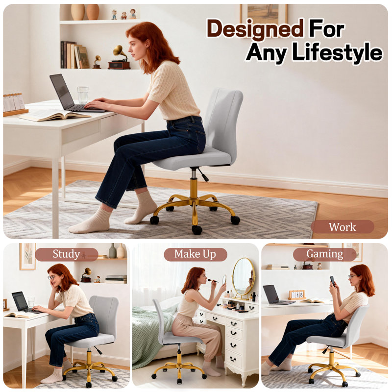Office Chairs,360°Swivel Vanity Chair with Wheels，Adjustable Velvet Task Chair，Modern Armless Desk Chair for Living Room，Office