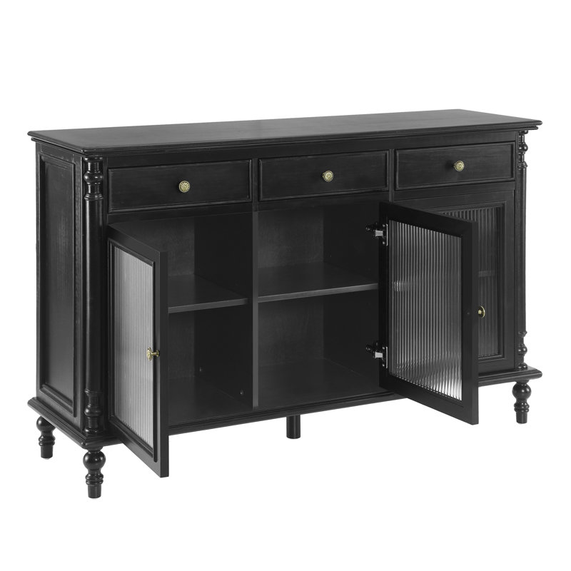Buffet Ulden Buffet rétro 54 pouces avec 3 tiroirs, portes en verre cannelé et tablettes réglables, Noir