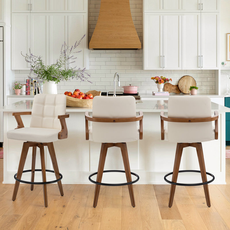 Eastwood 3 Pieces Swivel Faux Leather Counter&Bar Stools With Bamboo Frame, Beige, Counter Stool (26" Seat Height)