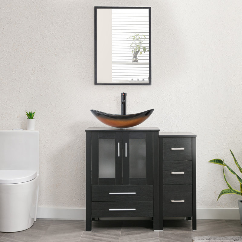 Base color：WhiteSink color：Gold 36'' Free Standing Single Bathroom Vanity with Manufactured Wood Top, Vessel Sink, Faucet, Drain