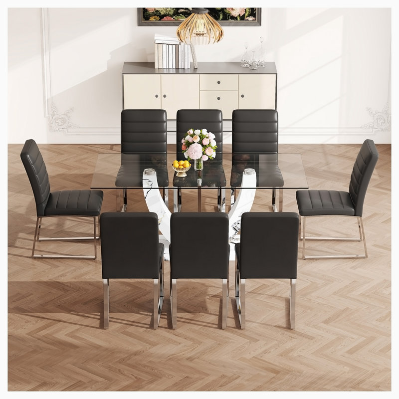 Ensemble de table et de chaises, grande table rectangulaire moderne en verre, pouvant accueillir de 6 à 8 personnes, Noir