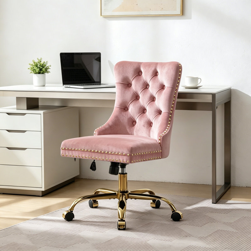 Chaise de bureau pivotante avec roulettes et garniture cloutée, Pink