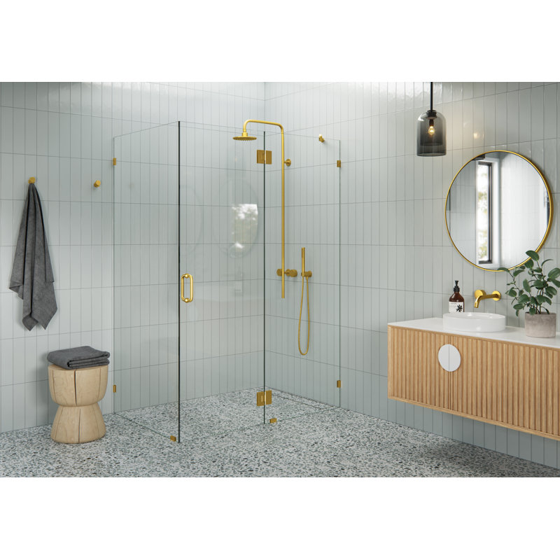 Cabine de douche à charnière en verre sans cadre à 90 degrés Halo 56 po x 36 po x 78 po Halo, Laiton satiné
