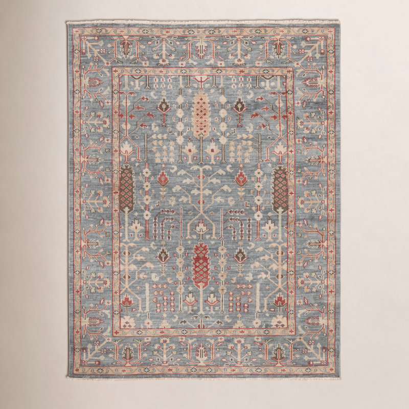 Tapis bleu / doré / rouge en laine noué à la main Brandonville, Rectangle 2 pi x 3 pi