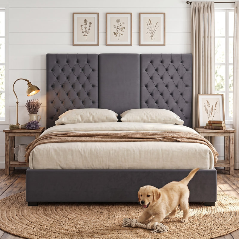 Extra-Tall Tufted Velvet Upholstered Platform Bed with Storage Drawers, King, Gray Velvet, Gray, King