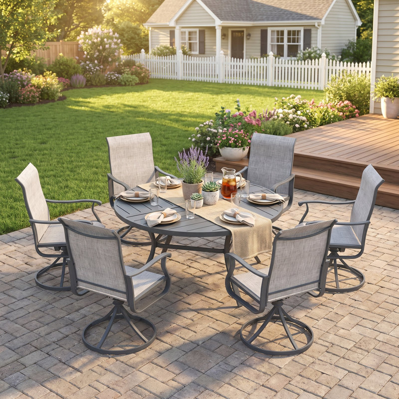 Ensemble repas d'extérieur pour patio - table ronde 53 po avec trou pour parasol + 6 chaises pivotantes, Gris / Gris
