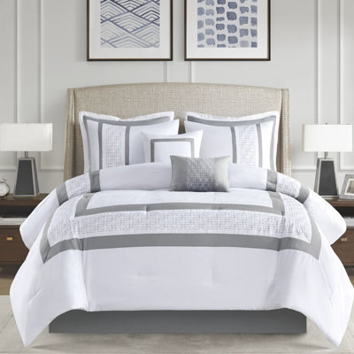 King Size 8 Piece Comforter - Graceful Embroidery Details Grey & White Sophisticated Accents