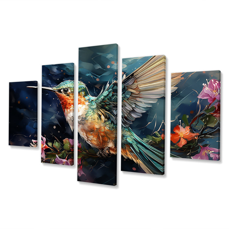 «Green Fluttering Emerald Hummingbird Blooms I - Hummingbird Multipanel», art mural
