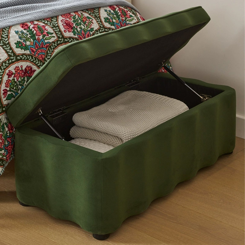 Modern Wavy Green Velvet Upholstered Storage Stool