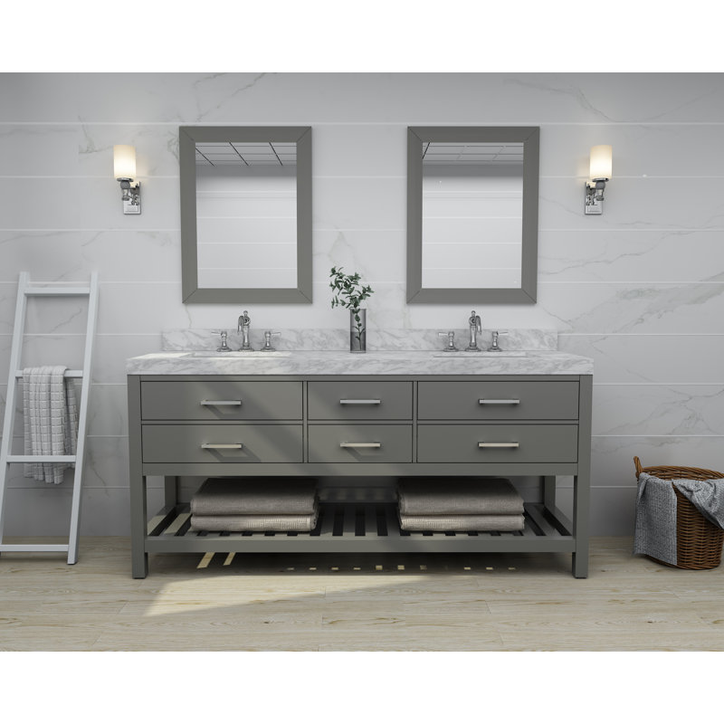 Ensemble de meuble-lavabo double 72 "avec miroir Elizabeth, Blanc de Carrare, Nickel, Gris saphir