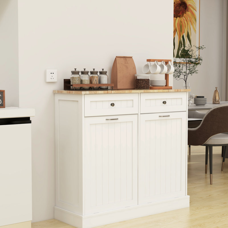 Armoire à poubelle de cuisine à deux tiroirs - blanc avec motif deux po, peint