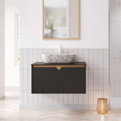 Meuble-lavabo mural simple noir l 30 po x P 18 po x H 34 po avec comptoir en pierre frittée noire et lavabo vasque rectangulaire en marbre