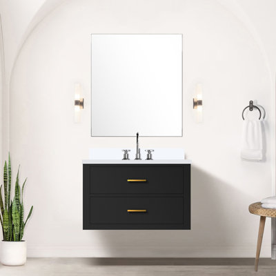 Meuble-lavabo noir l 30 po x P 22 po, comptoir en marbre de culture, miroir inclus 28 po, meuble-lavabo simple en bois à fermeture en douceur avec comptoir et comptoir 28 po