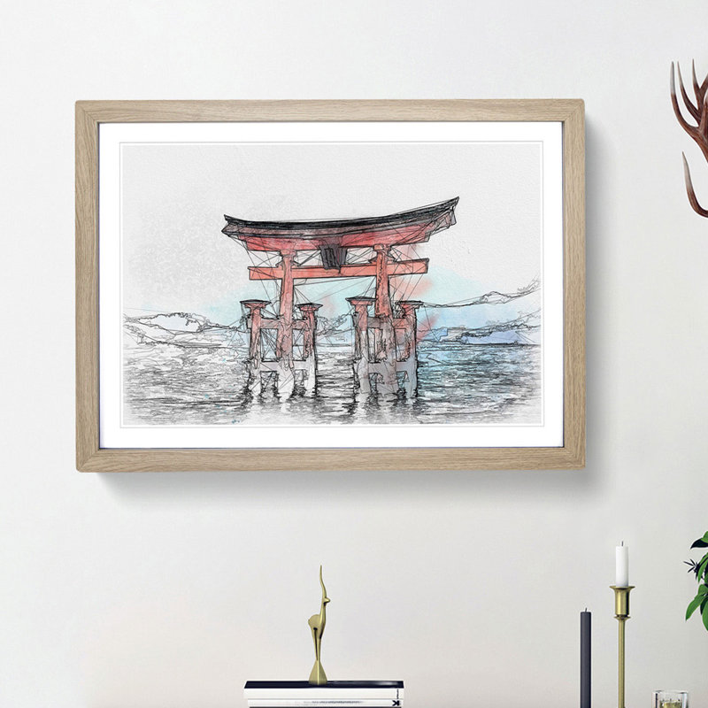 Itsukushima Shrine in Hiroshima Japan - Picture Frame Graphic Art Print, 45cm H x 63cm W x 2cm D, Oak Framed