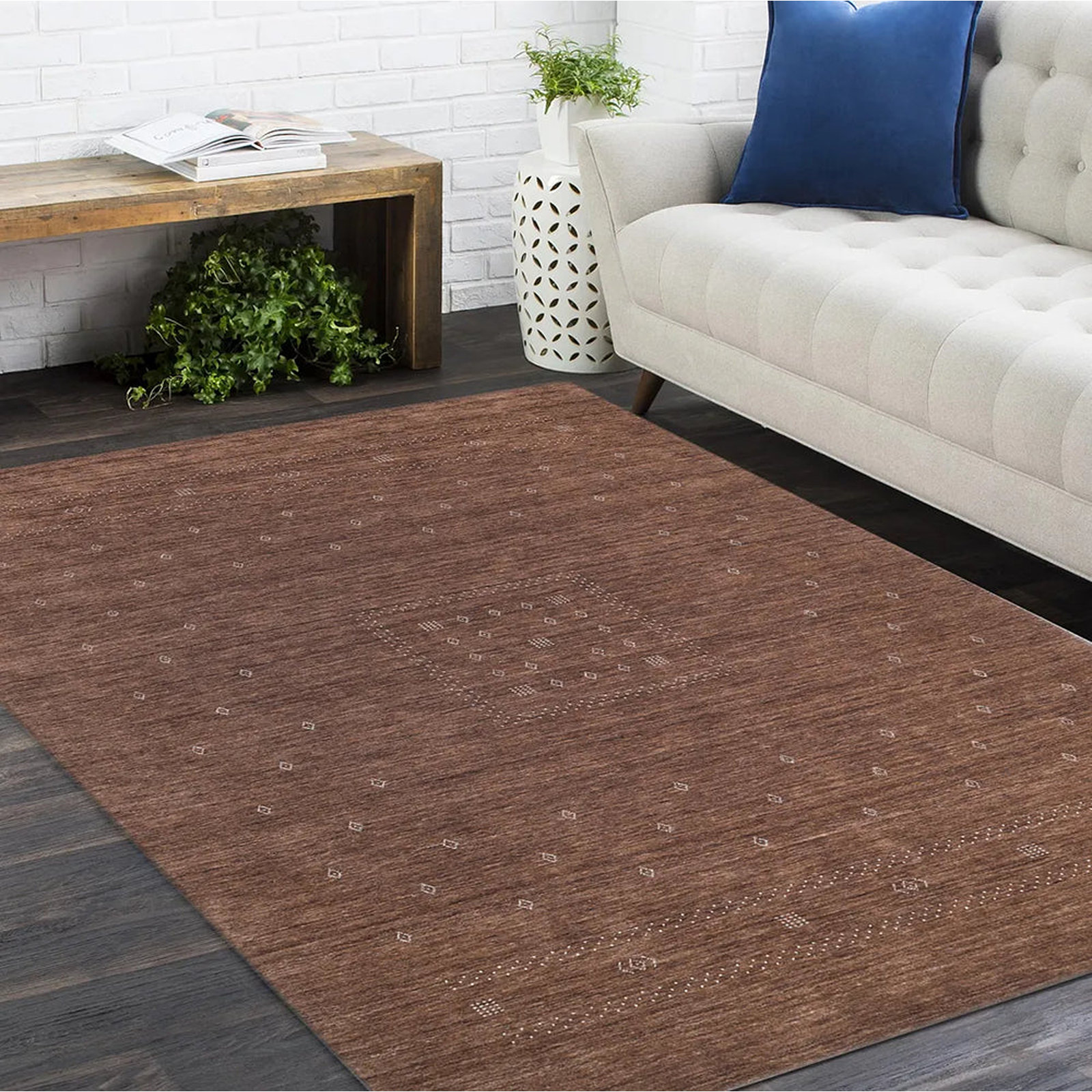 Simi Hand Knotted Cotton/Wool Southwestern Area Rug, Rectangle 8' x 10', Dark Brown