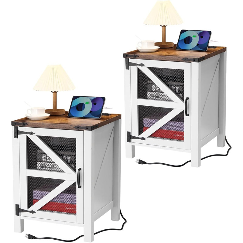 Ensemble de 2 tables de chevet Takywep avec station de charge et rangement pour porte de grange, table d'appoint de style campagnard, table d'appoint pour chambre à coucher et salon (blanc)