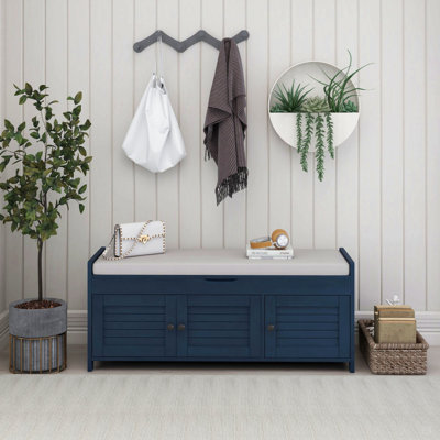 Banc de rangement avec 3 portes en forme de volet, banc à chaussures avec coussin amovible et espace de rangement caché