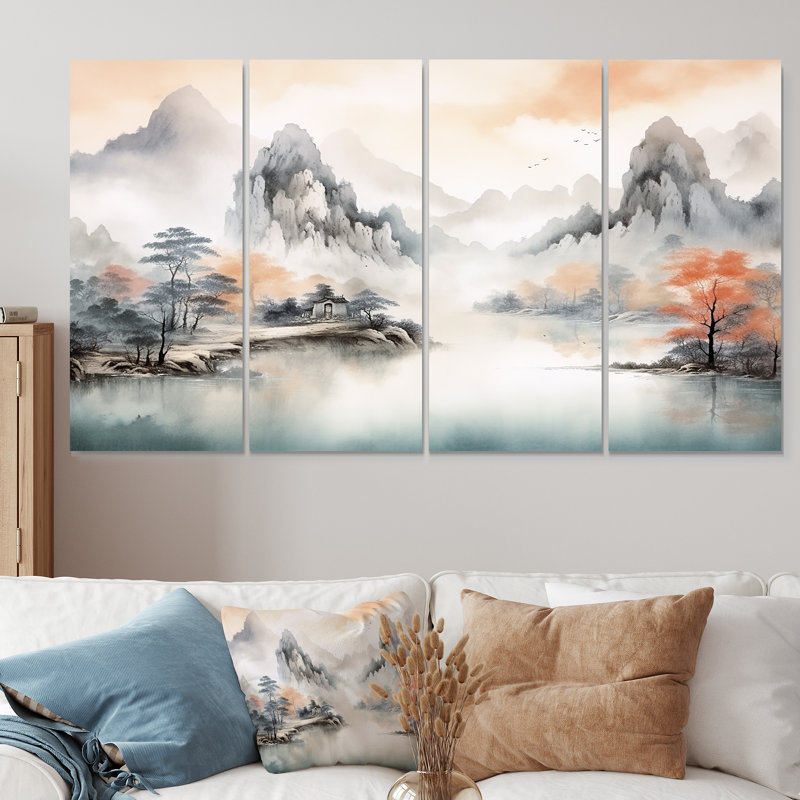«Tranquil Chinese Landscape Serenity I - China», art mural 4 pièces pour le salon, H 32 po x l 64 po