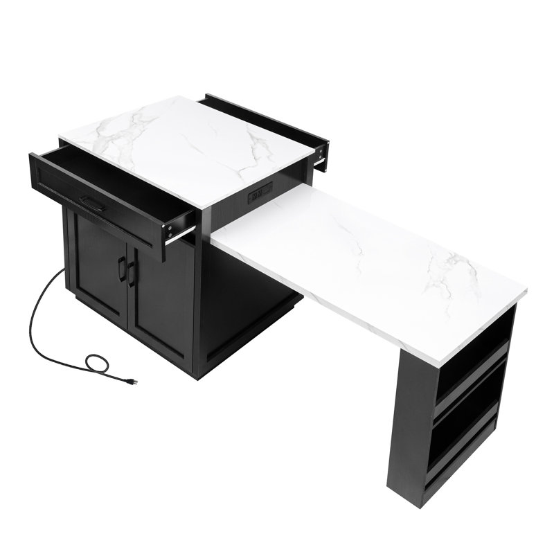 Îlot de cuisine noir moderne avec salle à manger extensible, rangement spacieux, 2 tiroirs, 1 port Type-C, table de salle à manger en faux marbre pour 2 à 6 personnes, armoire, rangement double, tablettes réglables, alimentation électrique