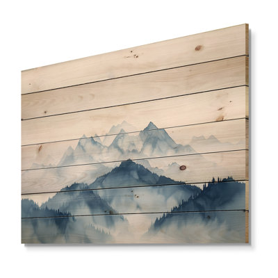 Winter Blue And White Mountain Majesty II - Landscape Mountains Wooden Wall Art On Natural Pine Wood