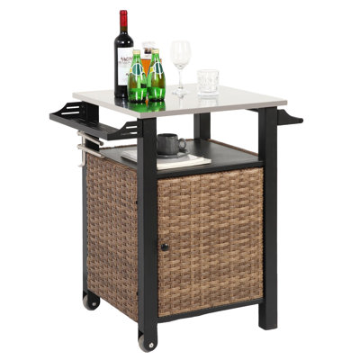 Kitchen Island Cart Wicker Grill Prep Station & Stainless Steel Outdoor Serving Bar Table with Hooks Wheels Poolside Patio Grassland by Dovecove