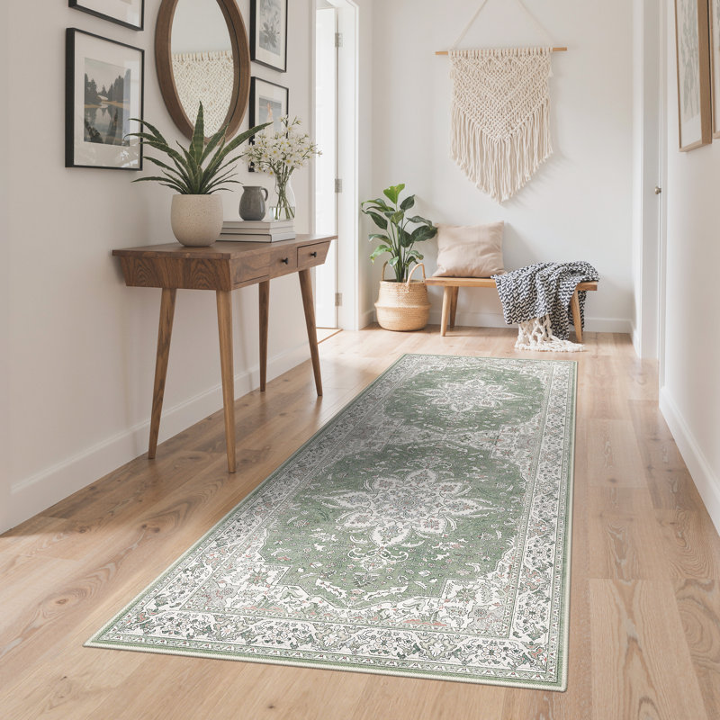 Tapis de couloir oriental beige Roehit, lavable à la machine avec envers antidérapant, Tapis de couloir de 2 pi x 7 pi