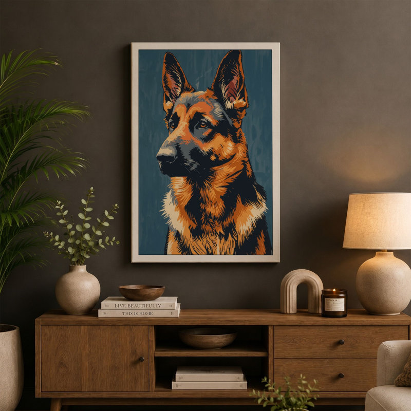 German Shepherd Portrait Modern 1 Piece Wrapped Canvas Wall Art, 24x16 - 61.0 x 40.6 cm, Cream Border