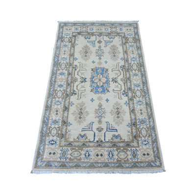 Tapis oriental blanc perle 2 pi 10 po x 4 pi 8 po, style rétro avec motif tribal noué à la main, 100% laine, colorants naturels