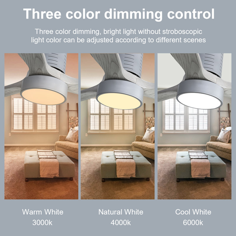 Silver Gray 52'' Solid Wood 3-Blade LED Ceiling Fan with Remote