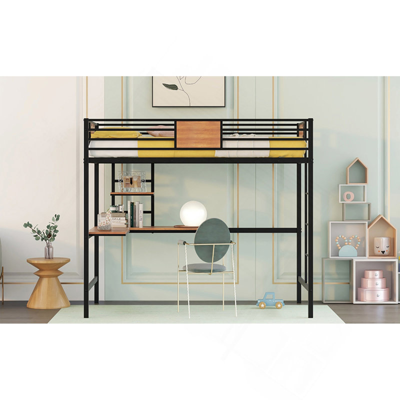 Lit mezzanine simple en métal avec bureau et tablette, noir, Noir