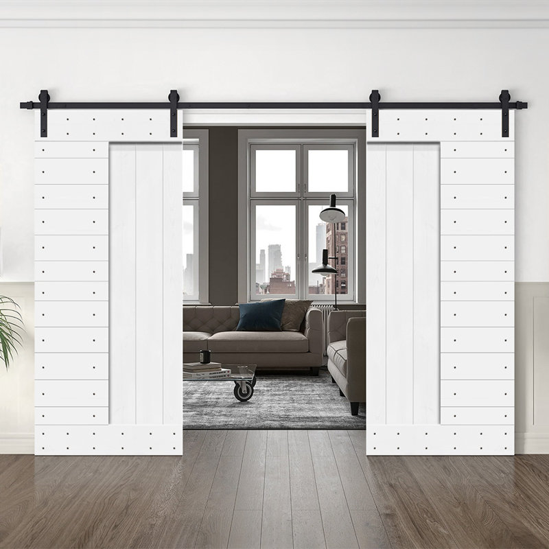 Pure White Solid Knotty Pine Wood Double Sliding Barn Door Kit