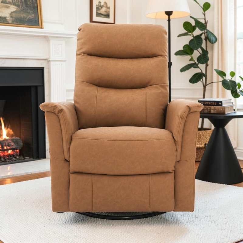Swivel Rocker Recliner With Massage Function, Upholstered Nursery Recliner Chair With Side Pocket, Brown Faux Leather
