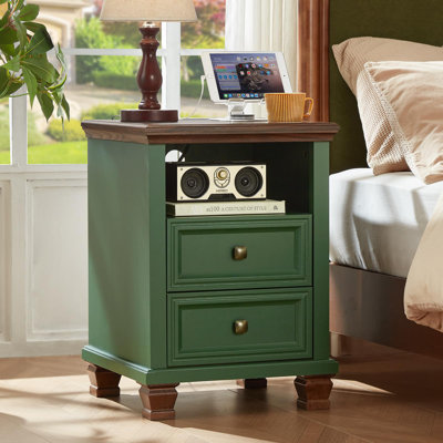 Farmhouse Nightstand with Charging Station, Rustic Green Nightstand,2 Drawers End Table for Living Room,Bedside Table with Open Shelf for Bed Room