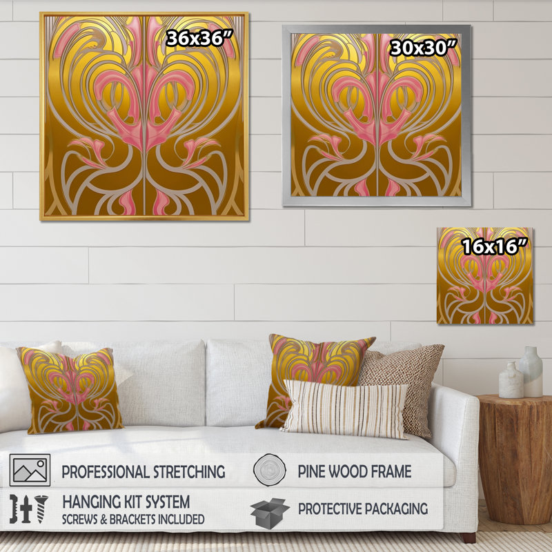 Art nouveau géométrique en or et rose - décoration murale géométrique moderne, H 36 po x l 36 po x P 1,5 po