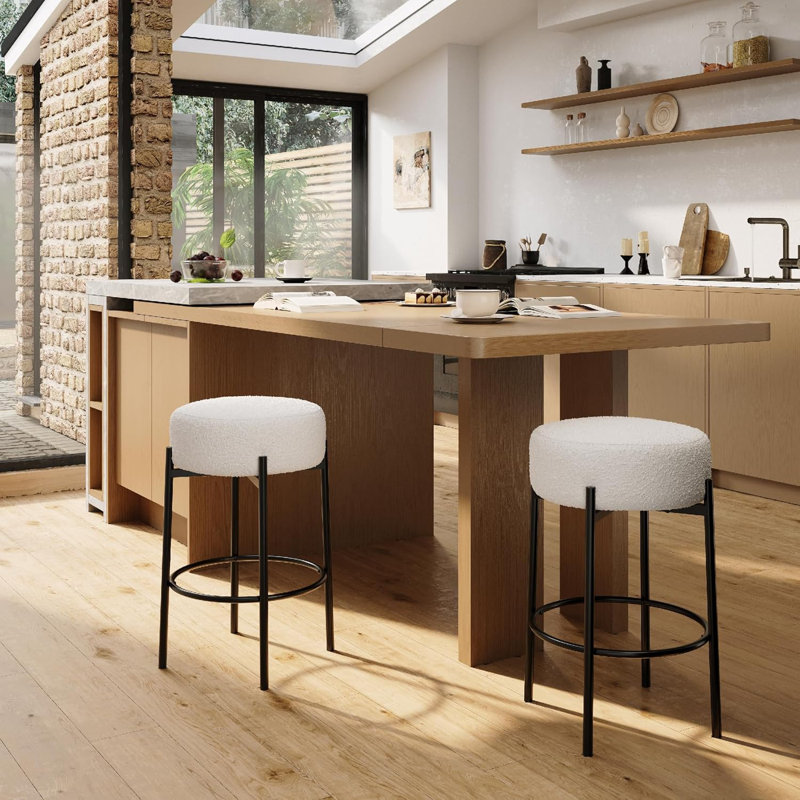 Ensemble de 2 tabourets de bar ronds modernes sans dossier de 24 po en sherpa avec repose-pieds pour îlot de cuisine, comptoir et cafés