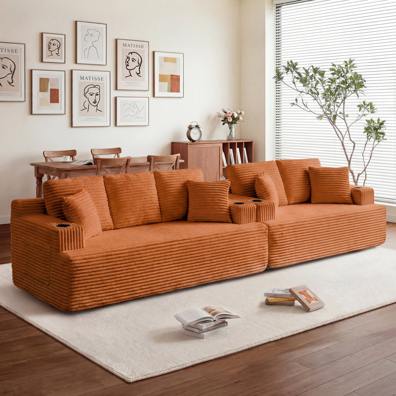 Ensemble de canapé 3 + 2 places avec porte-gobelets, poches latérales et 4 coussins Boneless, Orange
