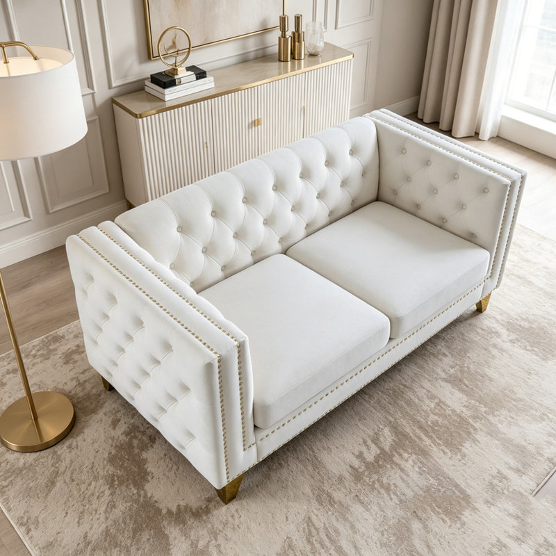 Canapé Chesterfield 2 places en velours avec garniture cloutée, L 58 po, Velours beige