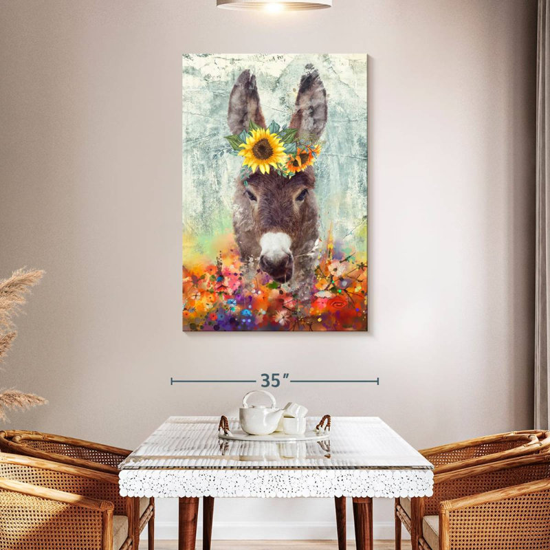 Donkey Floral Crown sur impression sur toile, H 48 po x l 32 po x P 1,25 po