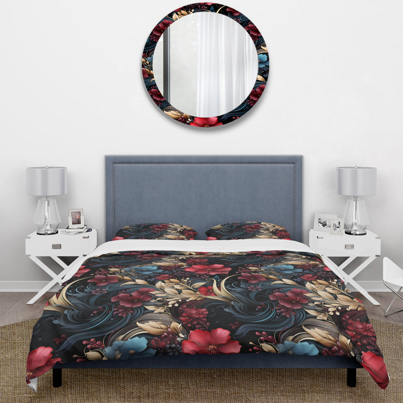 Ensemble de housse de couette à motif floral foncé Melody Moody II, Housse de couette pour grand lit et 2 taies décor