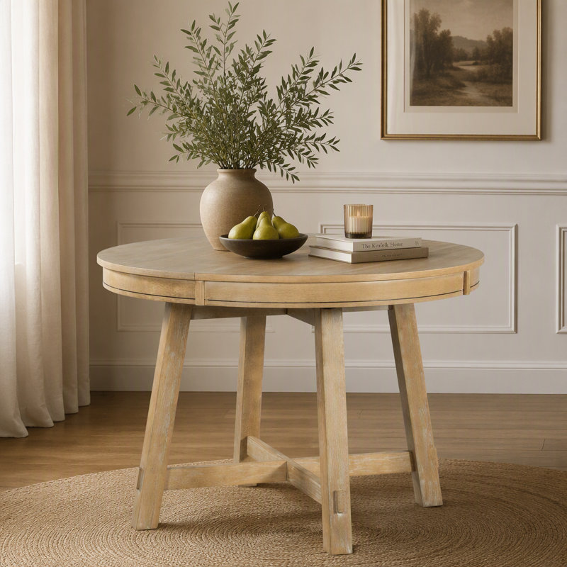 Round Extendable Dining Table with 16" Leaf Wood Kitchen Table