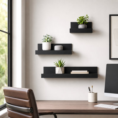 Black wooden wall floating shelf with hidden brackets fits bathroom bedroom living room kitchen for book storage and home beautification