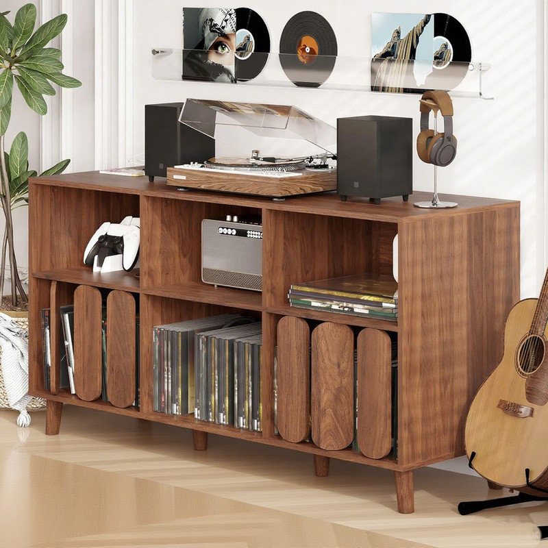 Modern Record Player Stand, 55'' Large Vinyl Record Storage Holder with Charging Station