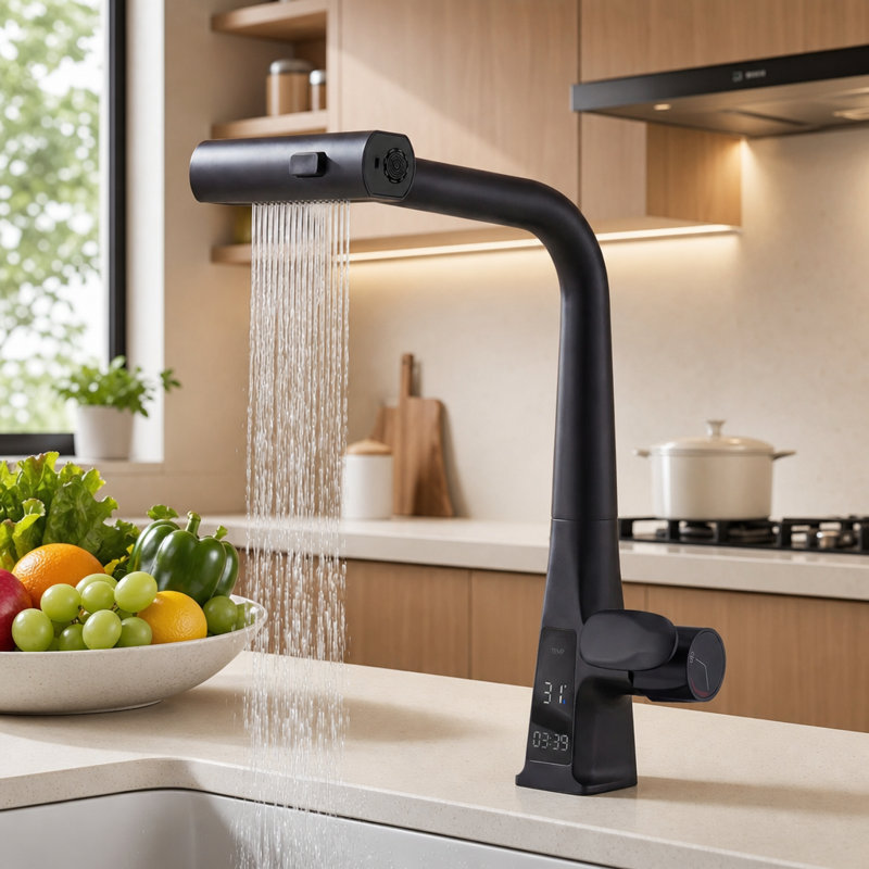 Robinet de cuisine avec douchette extractible, poignée unique à effet cascade avec affichage de la température et 3 modes de débit