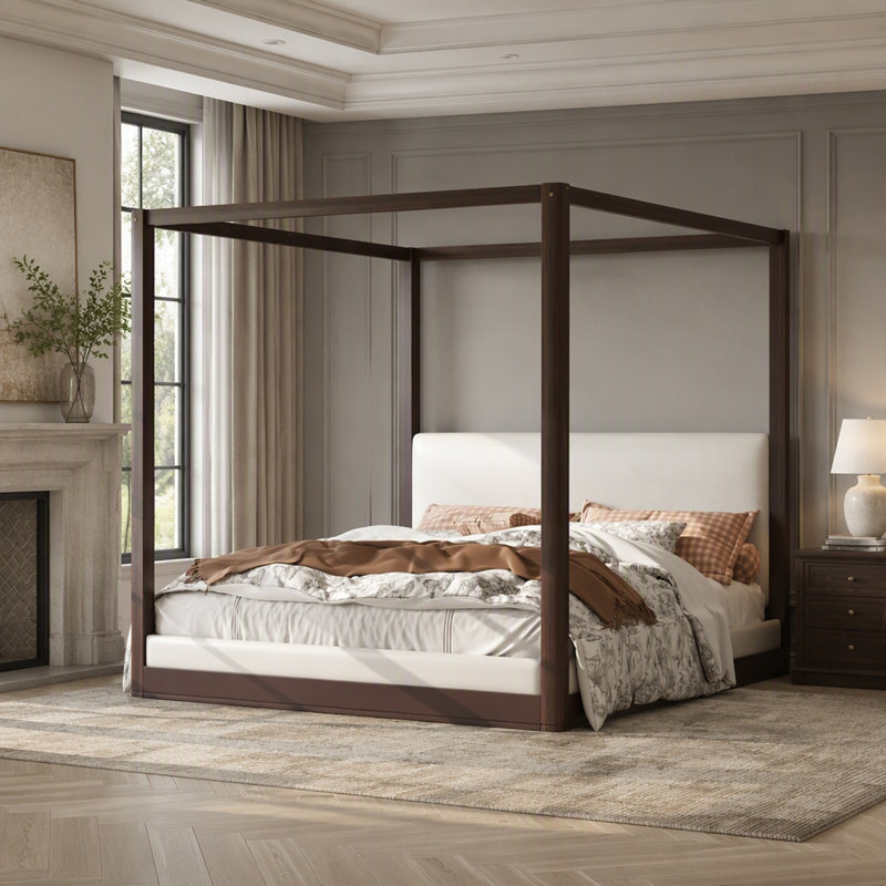 Lit plateforme à baldaquin en bois avec tête de lit rembourrée en lin, Très grand lit, Espresso