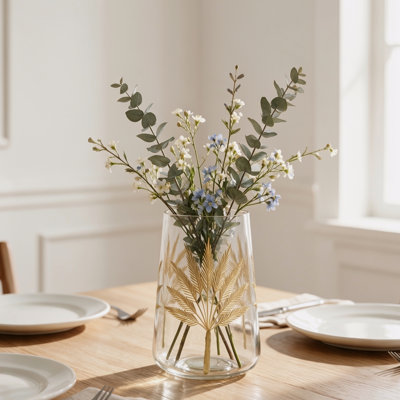 Vase incurvé en verre à motif floral doré