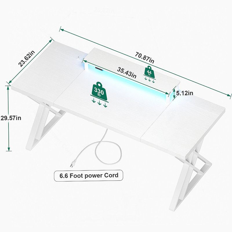 Bureau d'ordinateur avec station de charge USB, bande lumineuse à DEL, Blanc